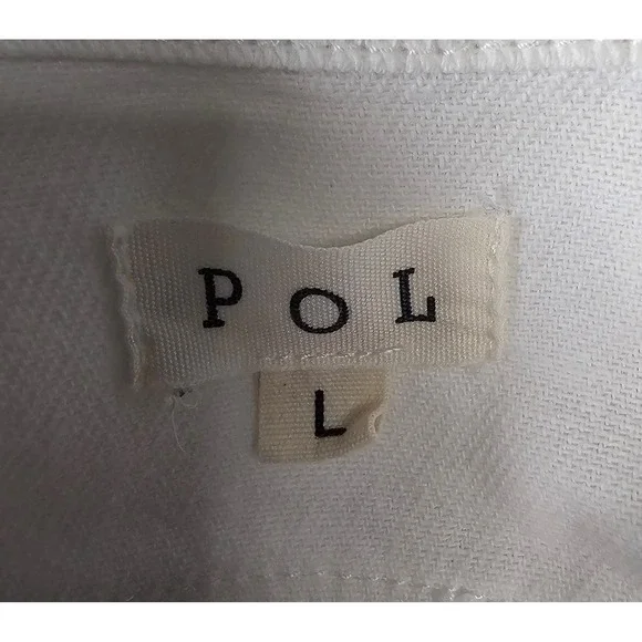 POL Distressed Fringe Hem Denim Shirt Jacket Long Sleeve Button Up White SZ L - Picture 7 of 11